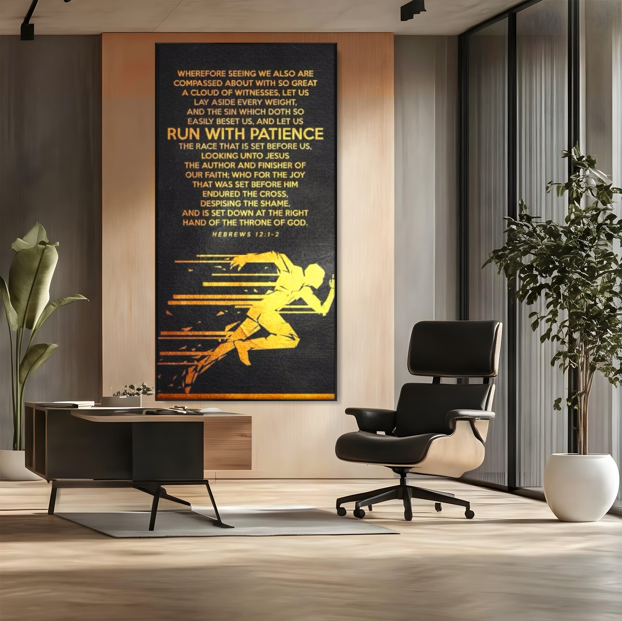 Tablou canvas cu tablou canvas cu alergator si verset biblic, in rama de aluminiu negru, pe perete intr-un birou